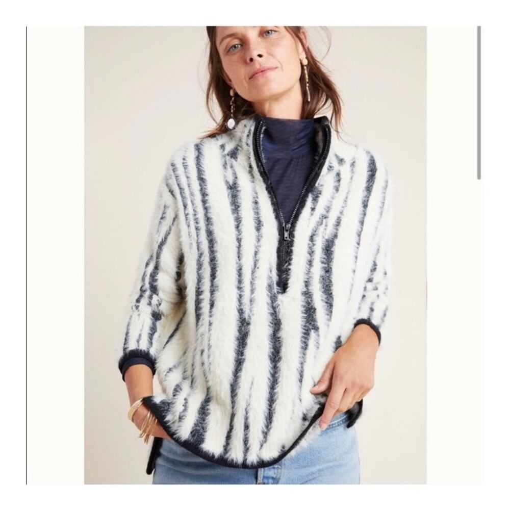 Anthropologie Cindy Eyelash Half Zip Pullover Sweater XS Zebra Fuzzy Boho Indie